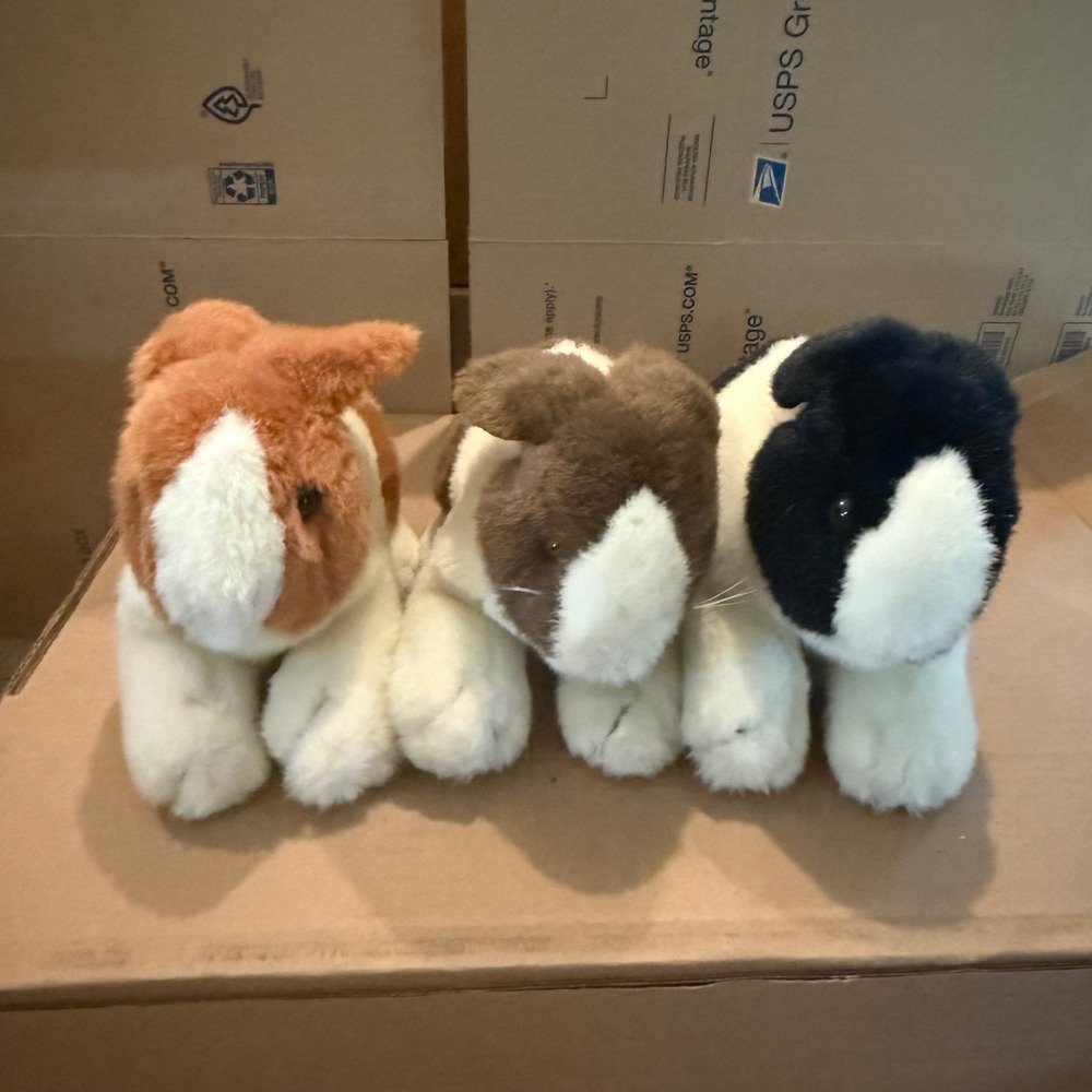 Set of 3 Vtg Realistic Plush Rabbits Black Brown Orange White Floppy Ear Bunnies